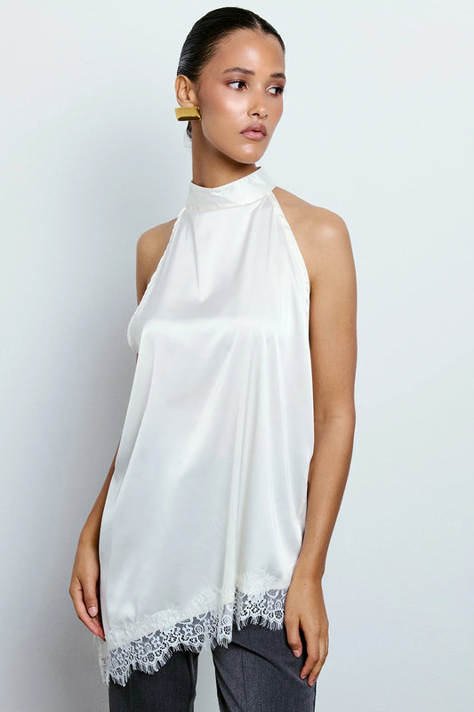 TOP HALTER ASIMMETRICO CON PIZZO PANNA