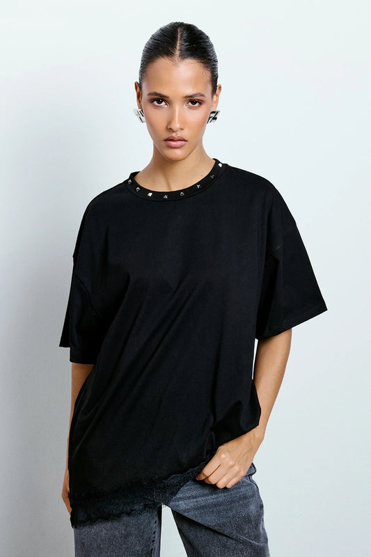 T-SHIRT ASIMMETRICA INSERTO PIZZO
